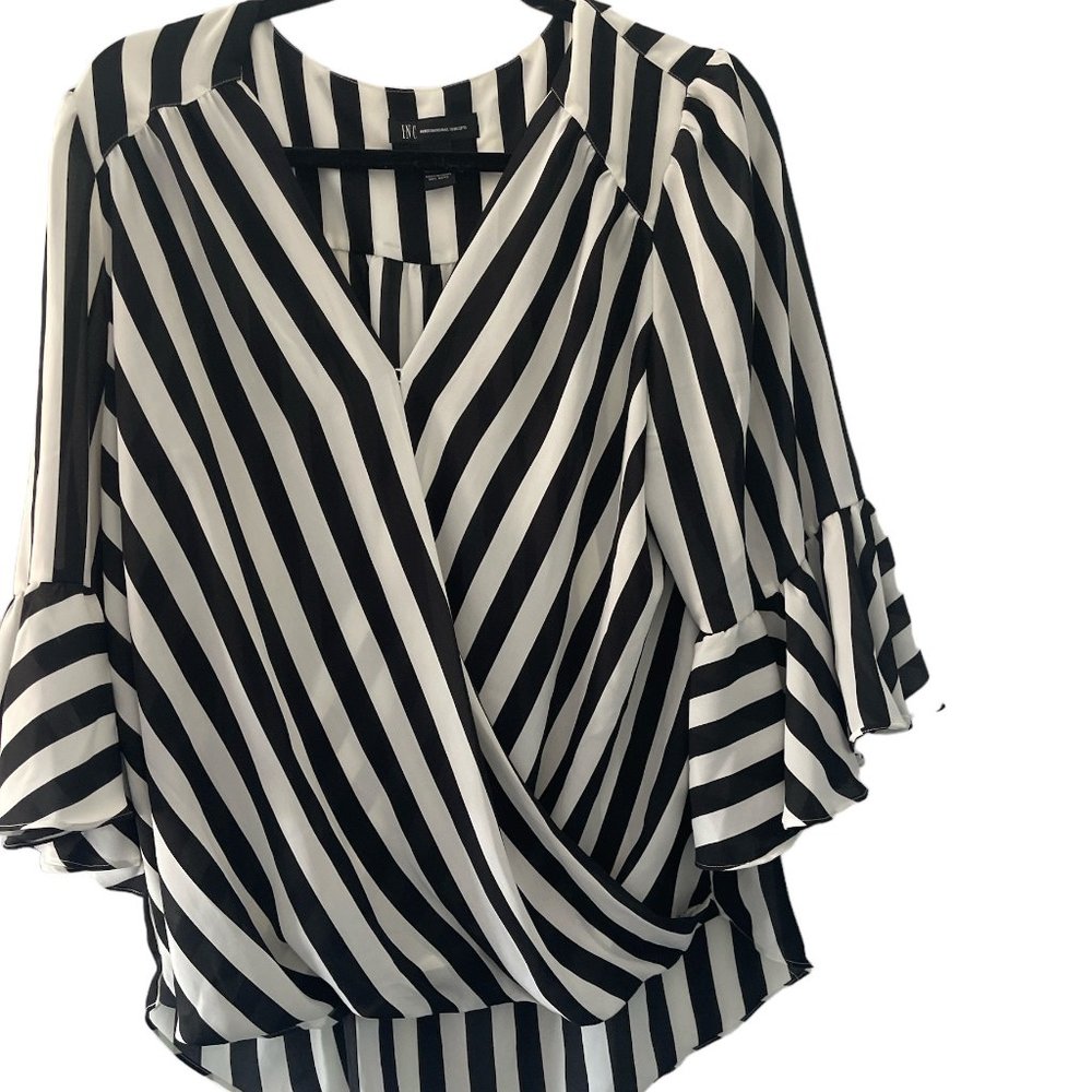 INC women black and white striped 3/4 sleeve shirt